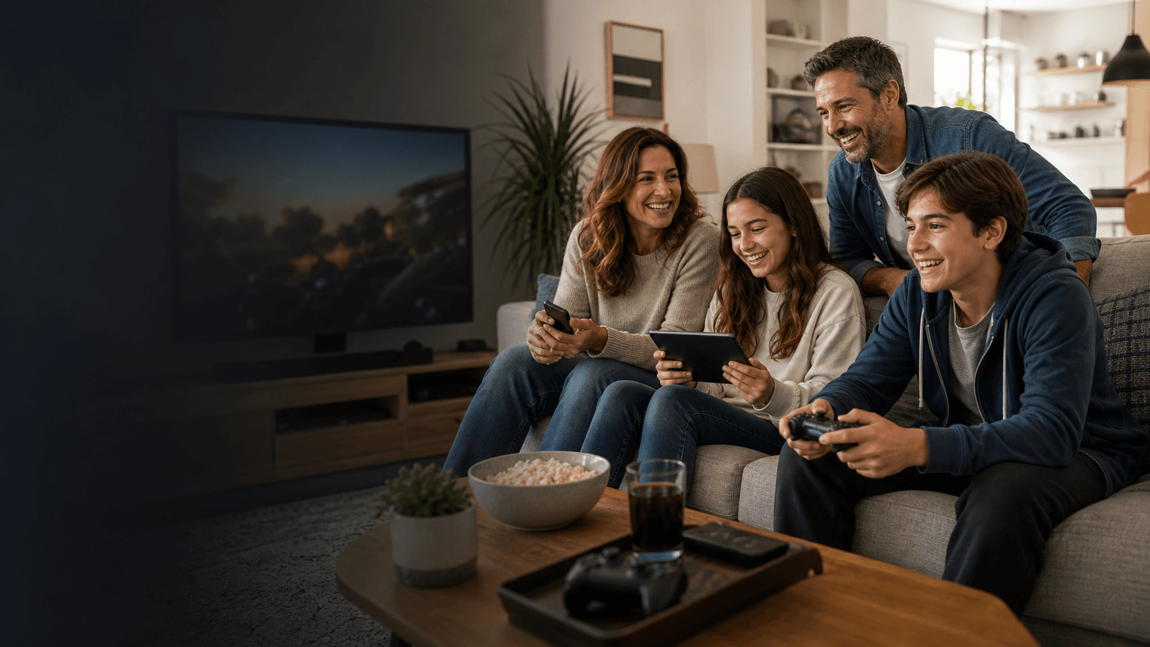 A family enjoying a connected evening at home