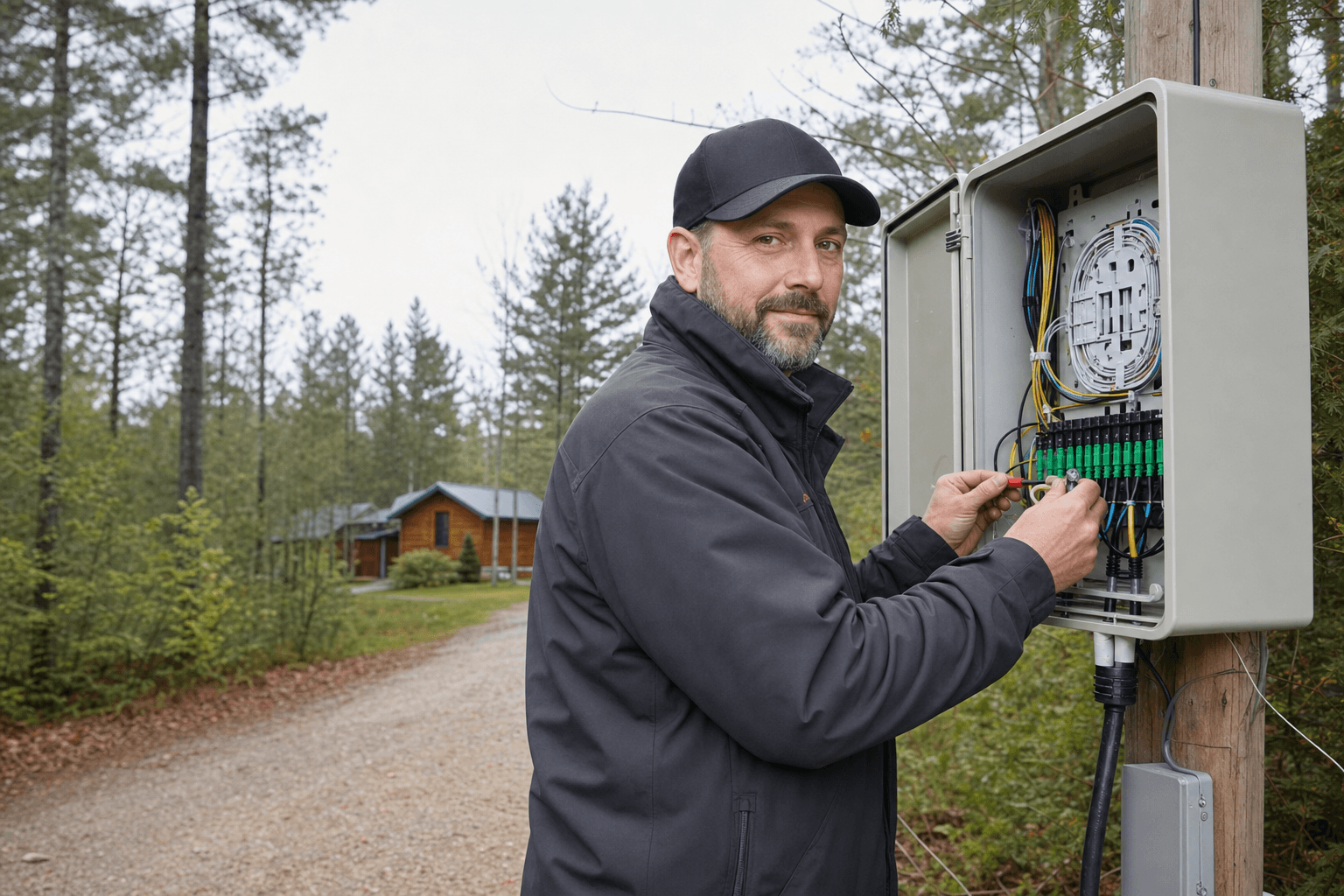 A local fiber technician working at a rural service enclosure
